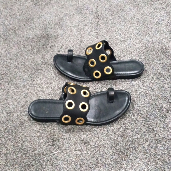 Ladies Black Leather Sandals with Gold Accents - Picture 3 of 5